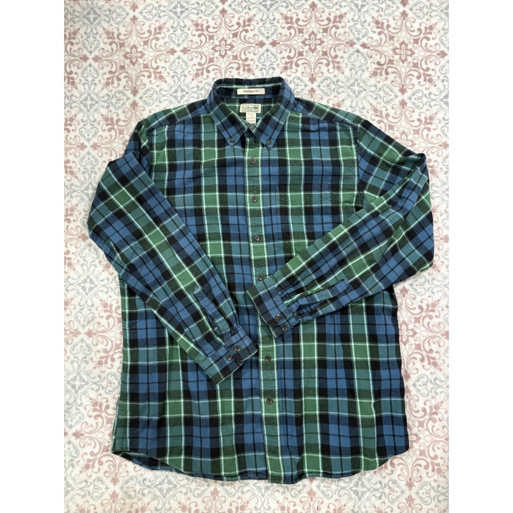 LL Bean Traditional Fit Flannel Shirt Mens Large Tall Blue Green Plaid 228066